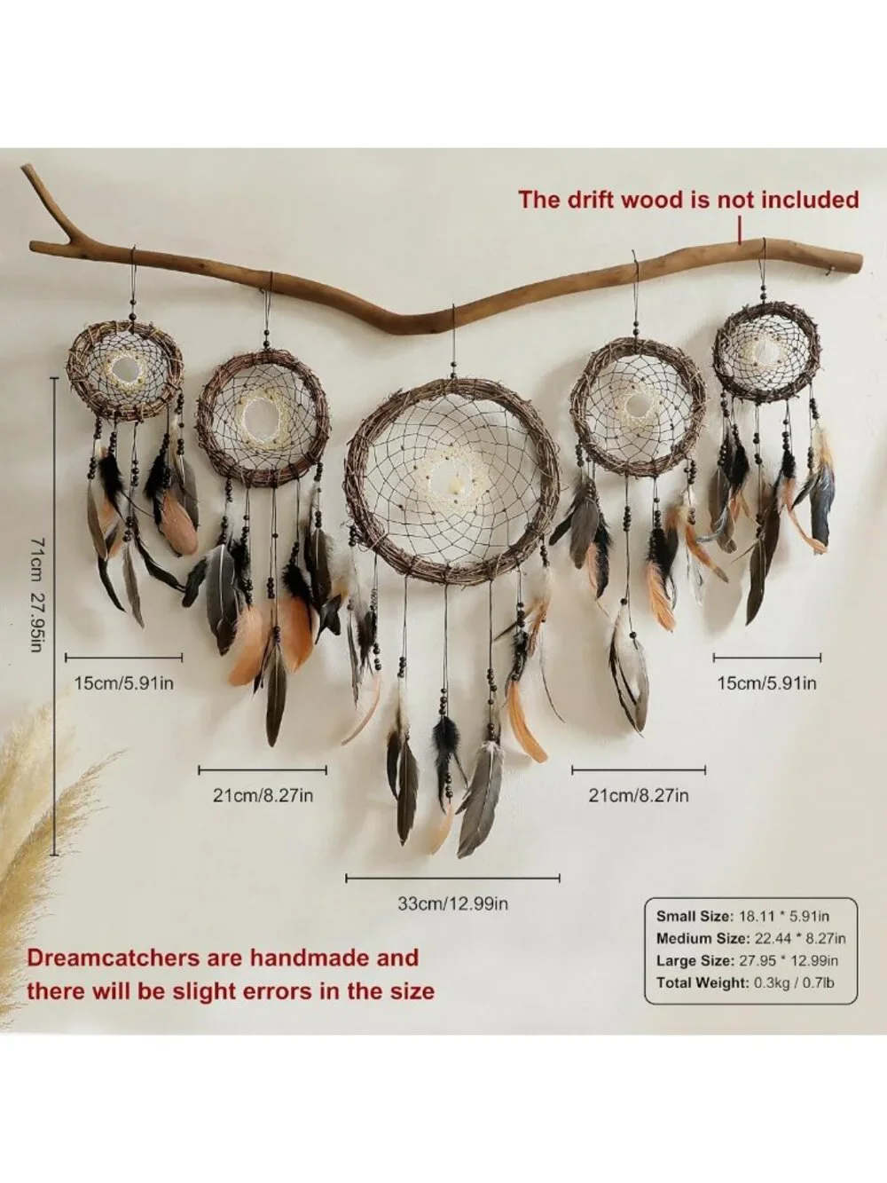 Boho Dream Catcher Wall Art Set - 5 Handmade Rattan Feathers, Rustic Decor
